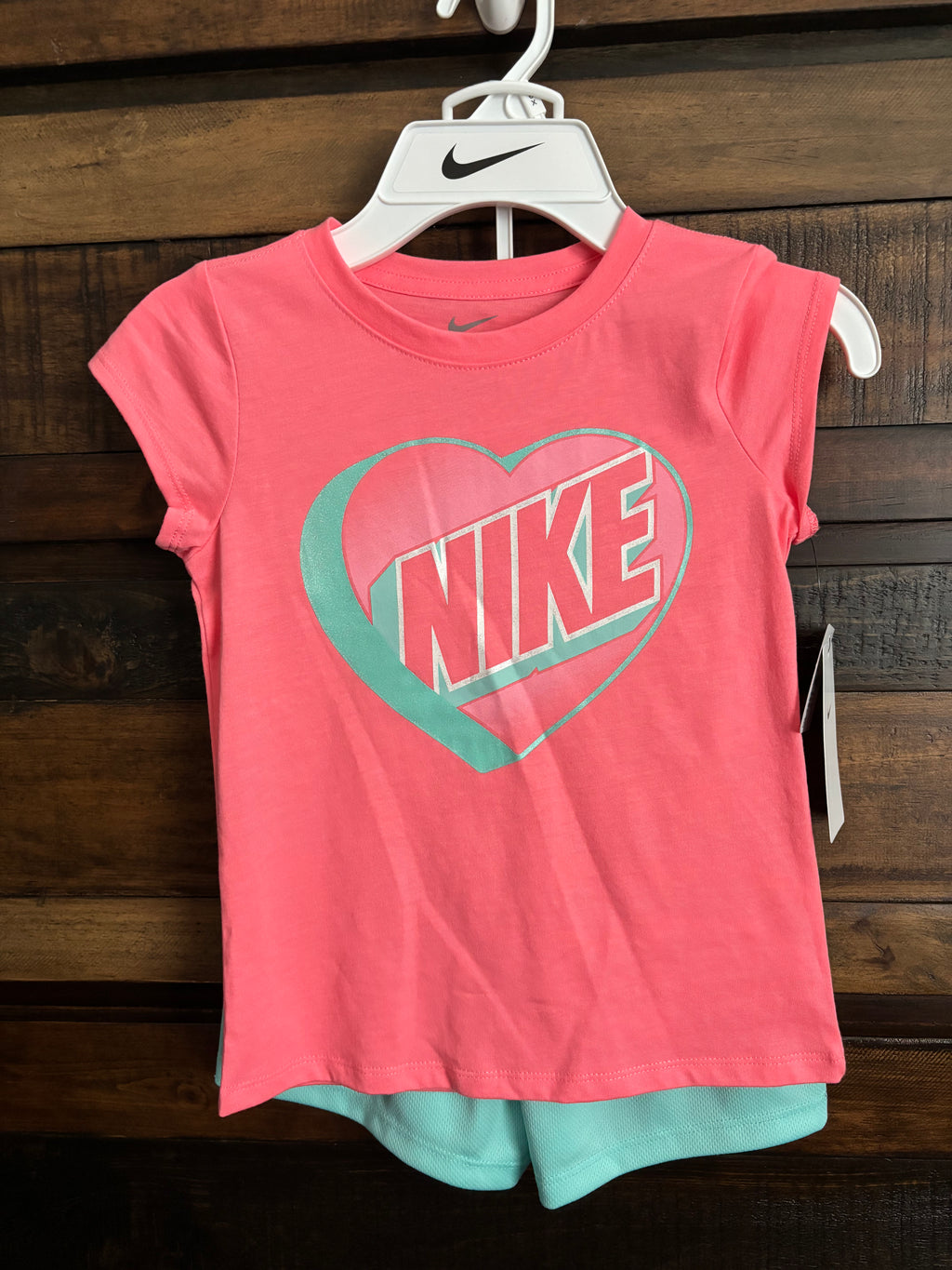 ✨NWT Nike Pink Short Sleeve Tee with Mint Green Heart Logo & Shorts✨