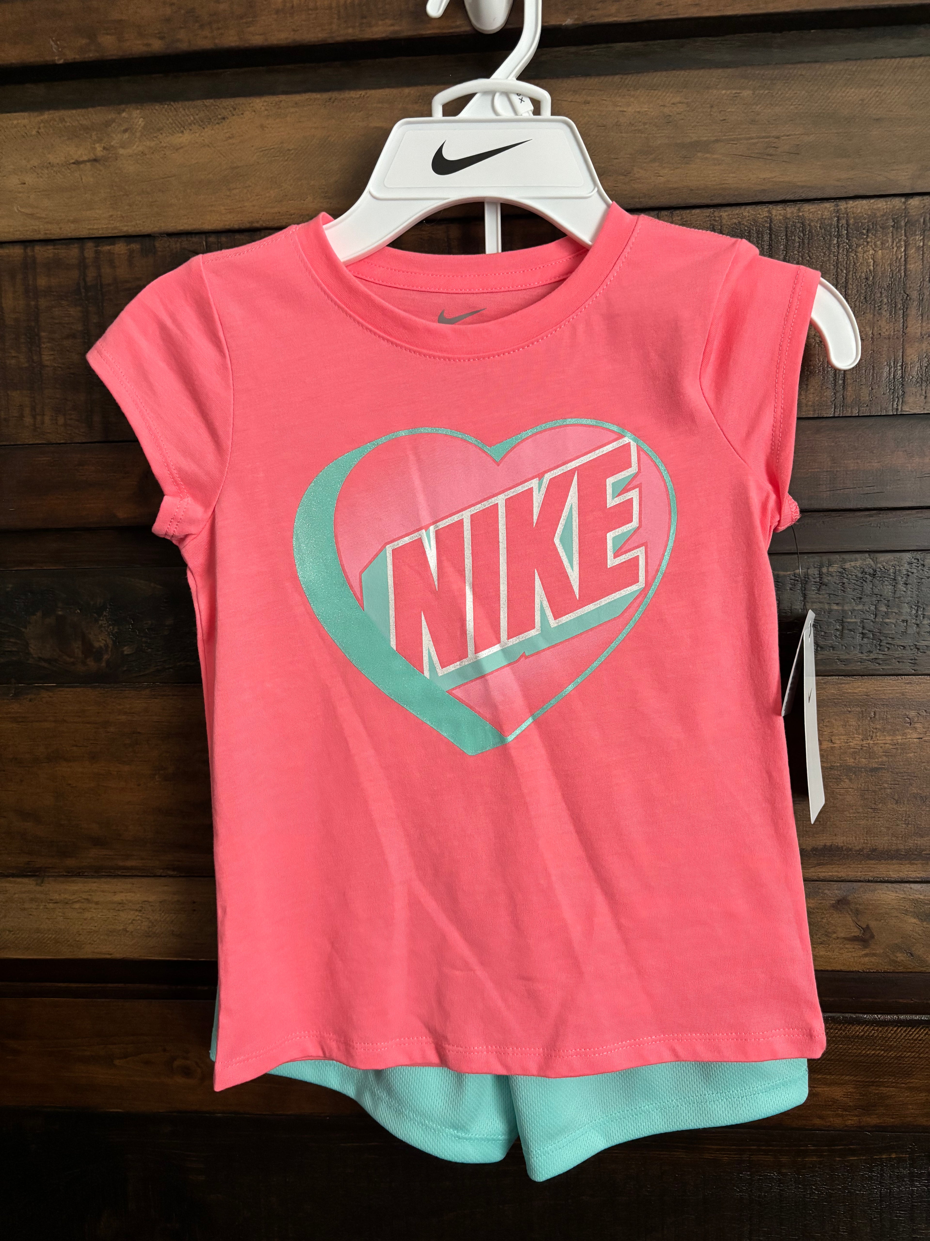 ✨NWT Nike Pink Short Sleeve Tee with Mint Green Heart Logo & Shorts✨