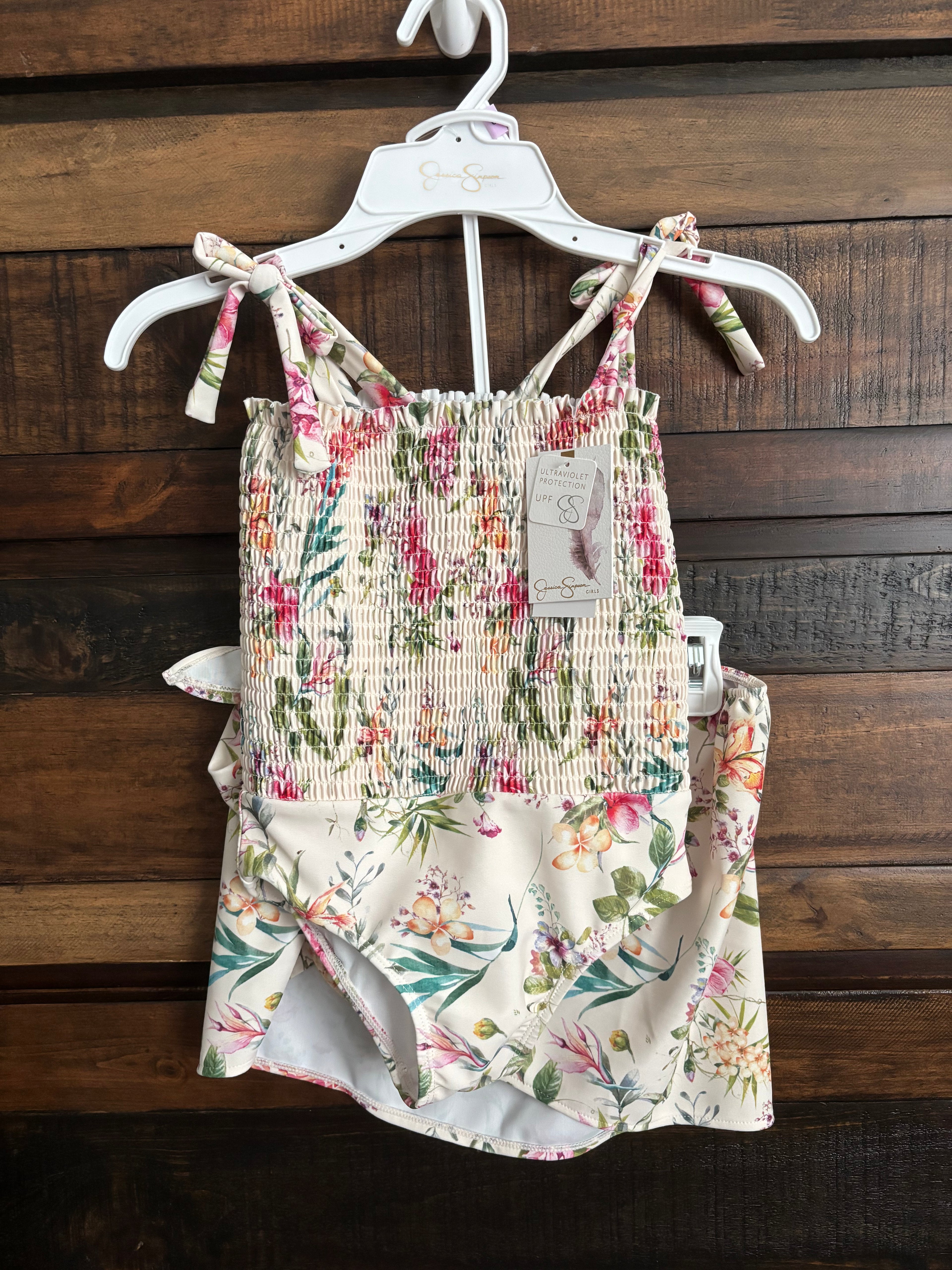 🌸NWT Jessica Simpson Girls Floral Smocked One-Piece Swimsuit with Skirt🌸