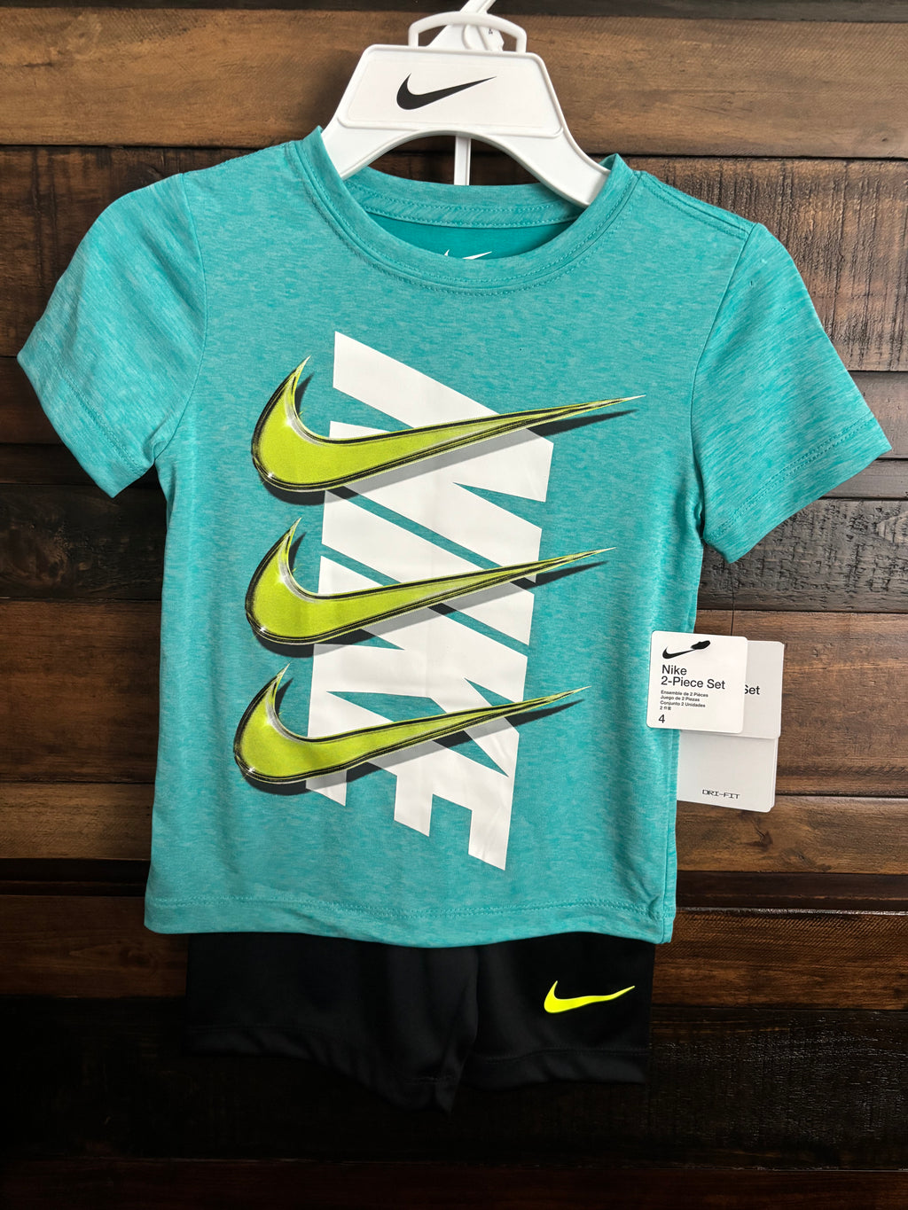 ✨NWT Nike Teal & Neon Yellow Graphic Tee with Black Shorts Set✨