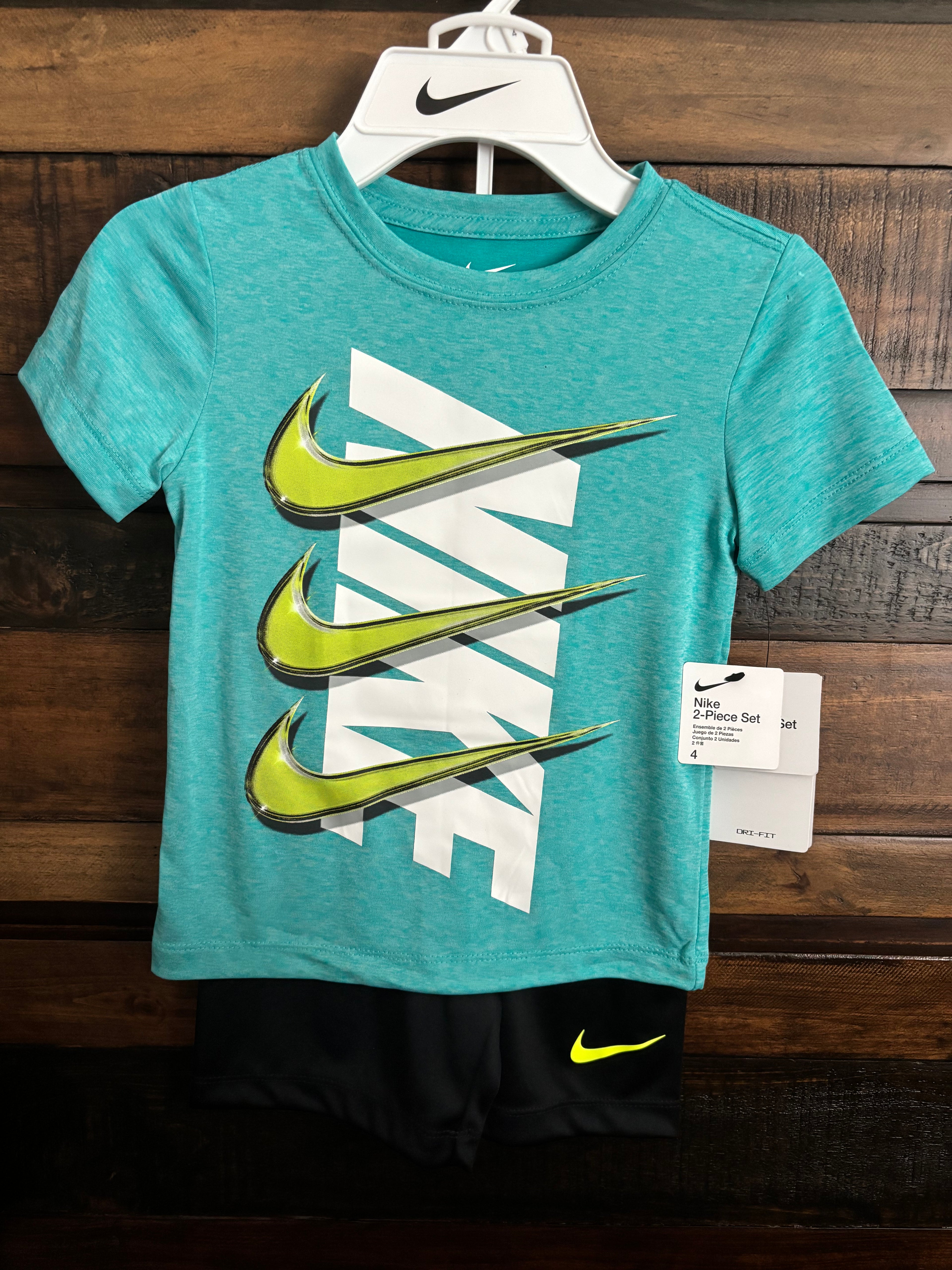 ✨NWT Nike Teal & Neon Yellow Graphic Tee with Black Shorts Set✨